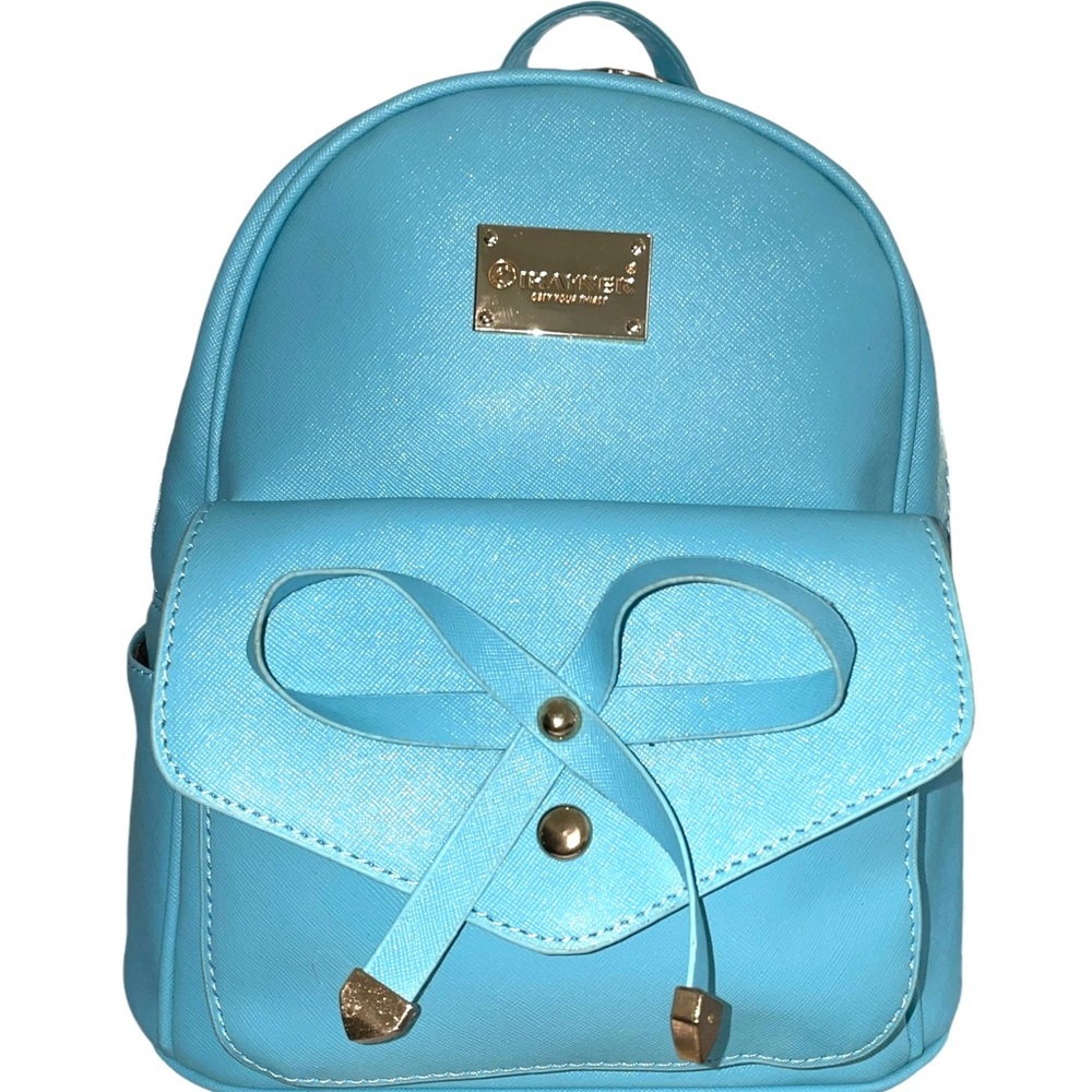 Sky Blue Leather Mini Backpack with Bow - Picture 2 of 10